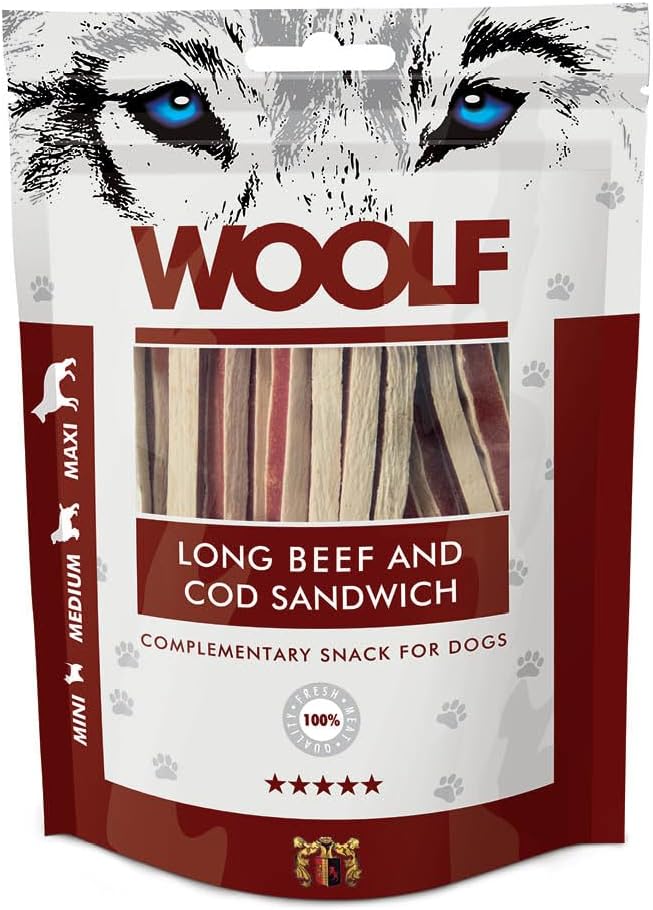 WOOLF - LONG BEEF & COD SANDWICH' Complementary Snacks For Dogs- 100g