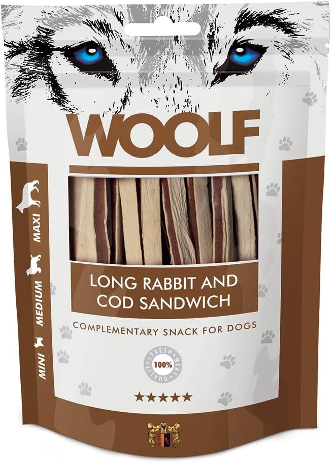 WOOLF - LONG RABBIT & COD SANDWICH' Complementary Snacks For Dogs - 100g